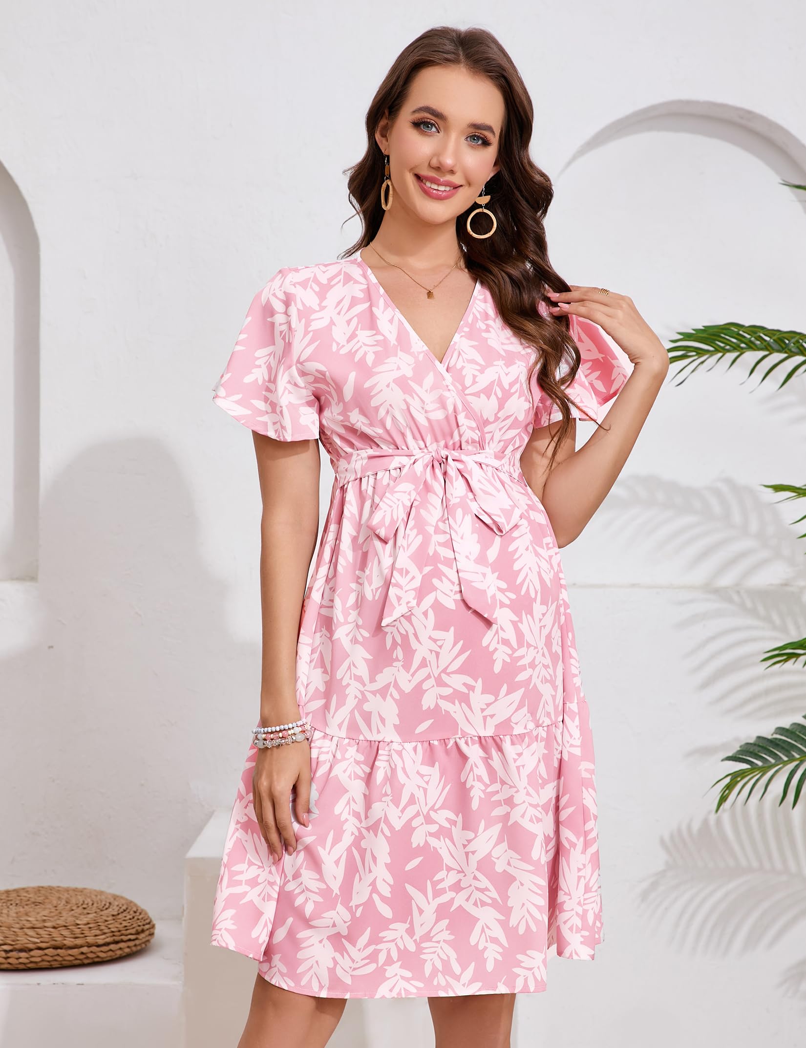 Yesfashion Robe de maternité d'été pour femme - Col en V - Manches courtes - Élégante robe de grossesse avec ceinture (emballage réutilisable)