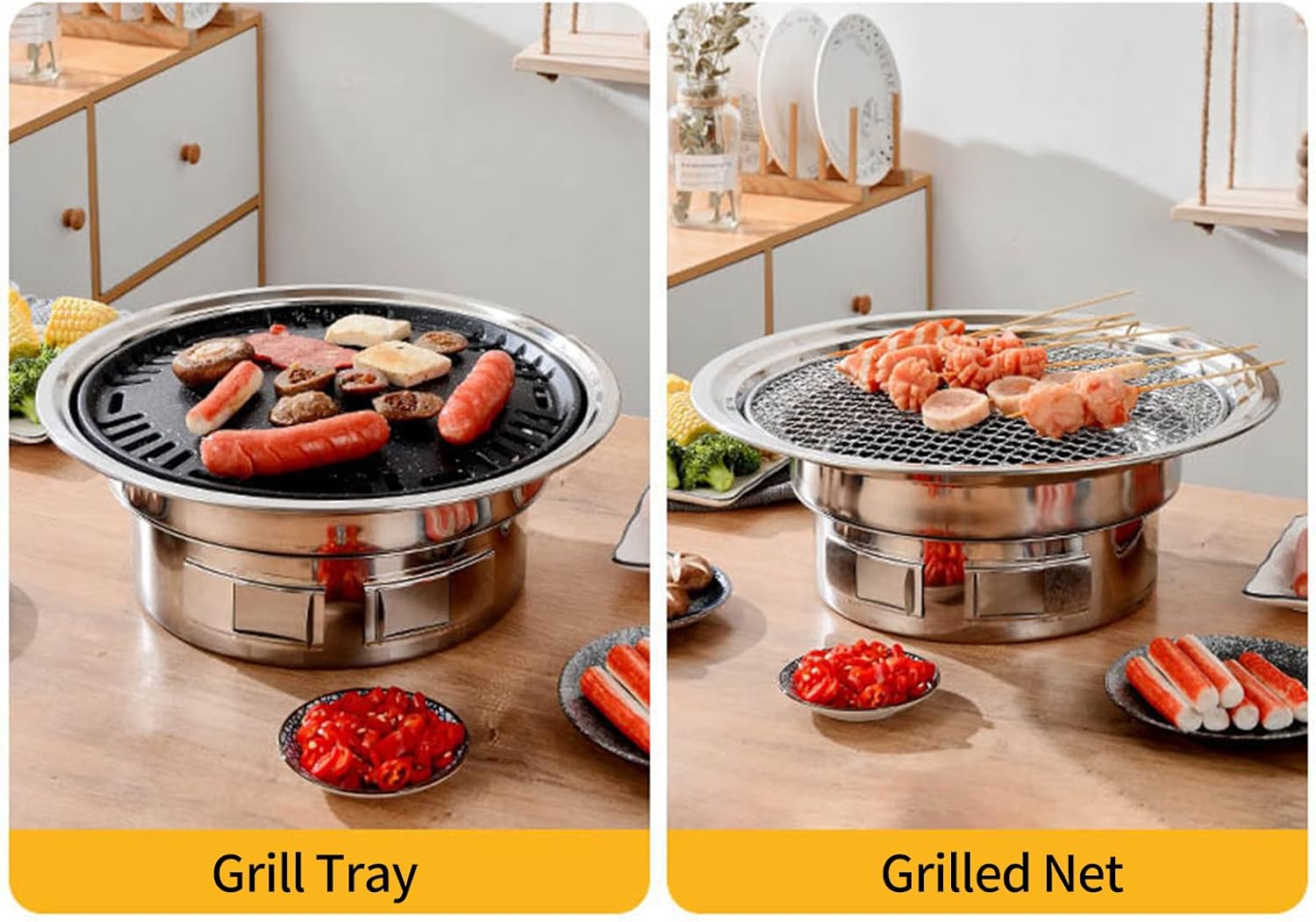 13 Inch Korean BBQ Grill Multifunctional Barbecue Grill Round Camping Grill Stove Table Smoker Grill Grilled Net & Tray for Courtyard Picnic Beach BBQ