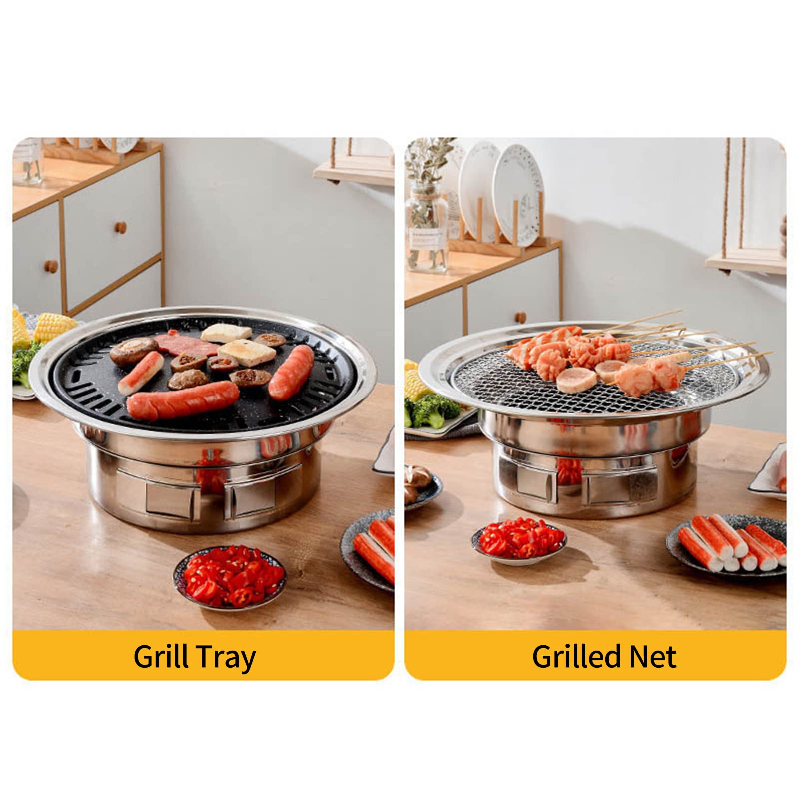 Koreański grill 33 cm, wielofunkcyjny, na węgiel drzewny, okrągły grill kempingowy, kuchenka stołowa, wędzarnia, grillowana siatka i taca na dziedziniec, piknik, plażę