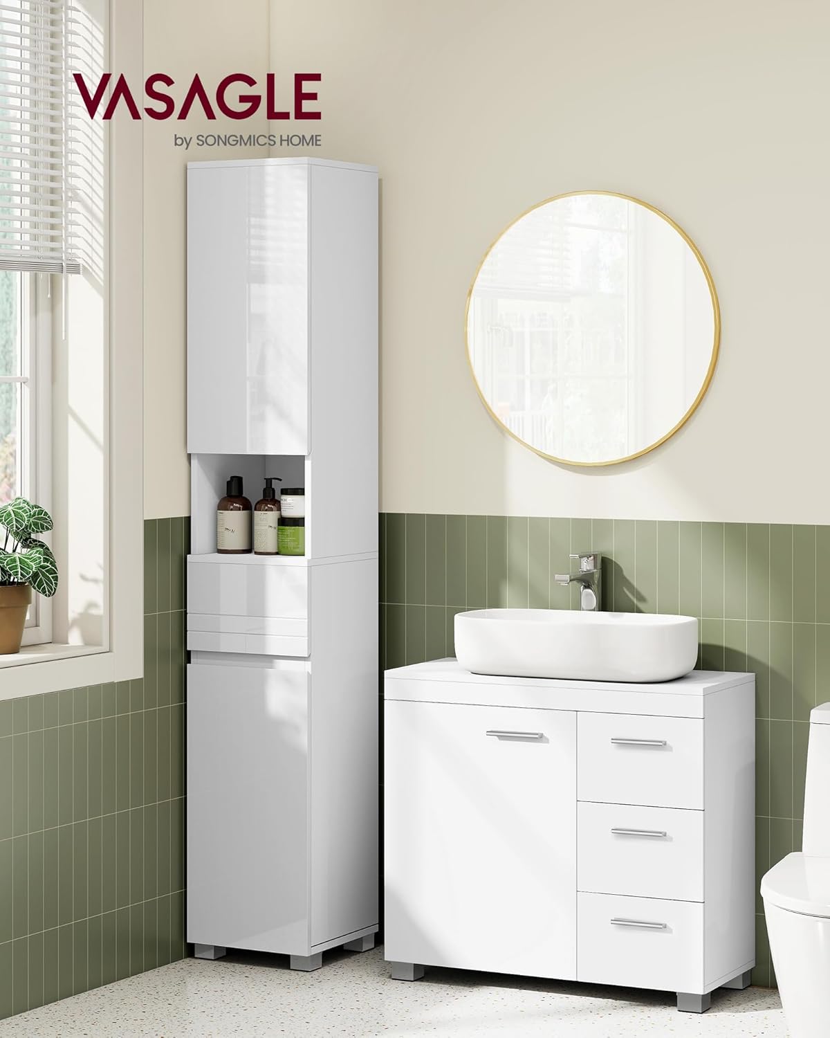 VASAGLE BBK503W10 Bathroom Cabinet with 3 Large Drawers, 2 Compartments Behind Door, Bathroom Cabinet with Feet, 30 x 70 x 64 cm