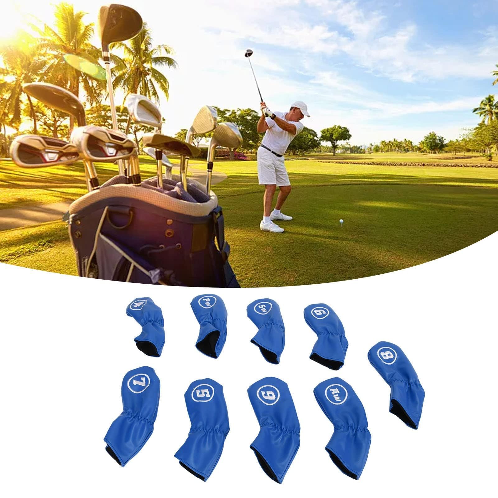 9Pcs Copricapo da Golf Club Iron Putter Head Protector Set PU Copricapo Impermeabile Per Mazza da Golf Per Gli Amanti del Golfista Mancino Destro(Blu)