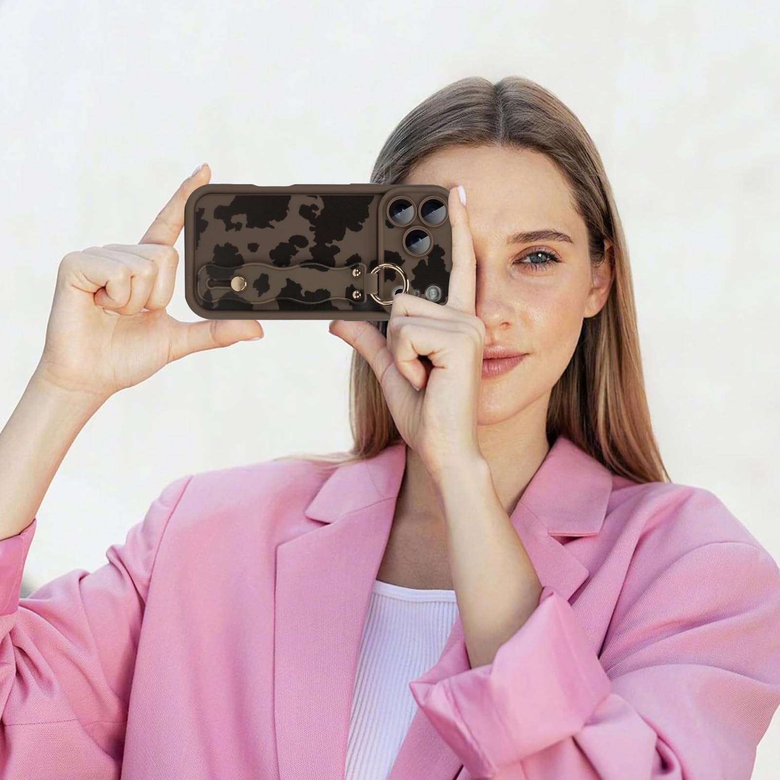 Funda compatible con iPhone 17 Pro Max con correa de mano para el dedo, para niñas y mujeres, bonita y divertida funda de teléfono con soporte para pulsera, funda protectora de silicona