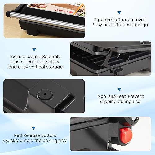 Miniatura 8 de Panini Press Grill Interior Sandwichera con placas antiadherentes, fácil de limpiar, 1000W portátil Panini Maker con tapa de bloqueo, parrilla