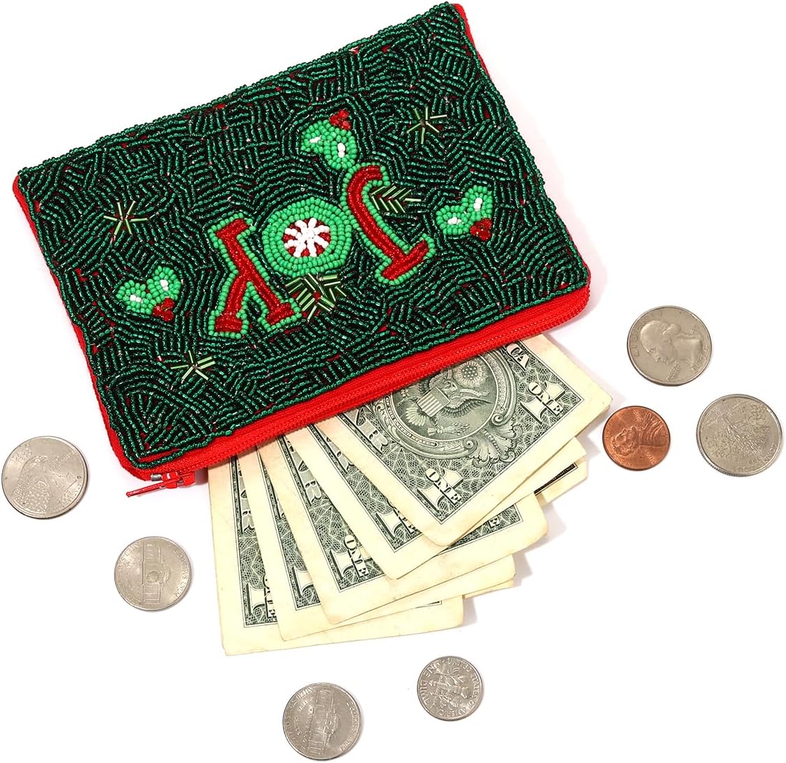 Christmas Coin Purse for Women Beaded Holly Jolly Pouch Bag Be Merry Joy Purse Handmade Small Change Purse Wallet with Zipper Christmas Outfits Accessories Gifts (Style B) - Image 4