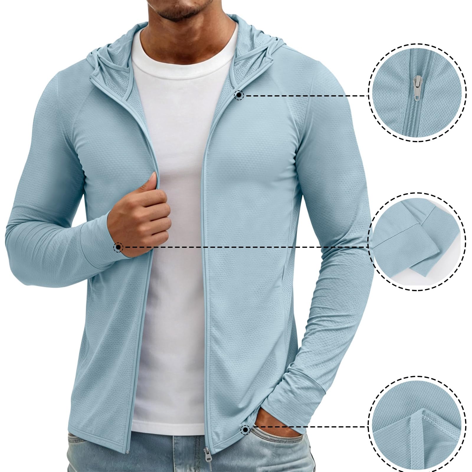 Tshirt Anti UV Homme avec Capuche Manche Longue Pas Cher Sport Respirant Outdoor Été Tee Shirt Anti UV Homme Running Peche Rafraichissant Randonnée Vetement