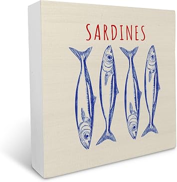 Ku-Dayi Coastal Beach Sardine Fish Wooden Box Sign, Vintage Coastal Sardine Beachy Wood Box Decorations for Home Office, Retro Ocean Fish Wooden Block Plaque Desk Shelf Decor 5x5 Inch