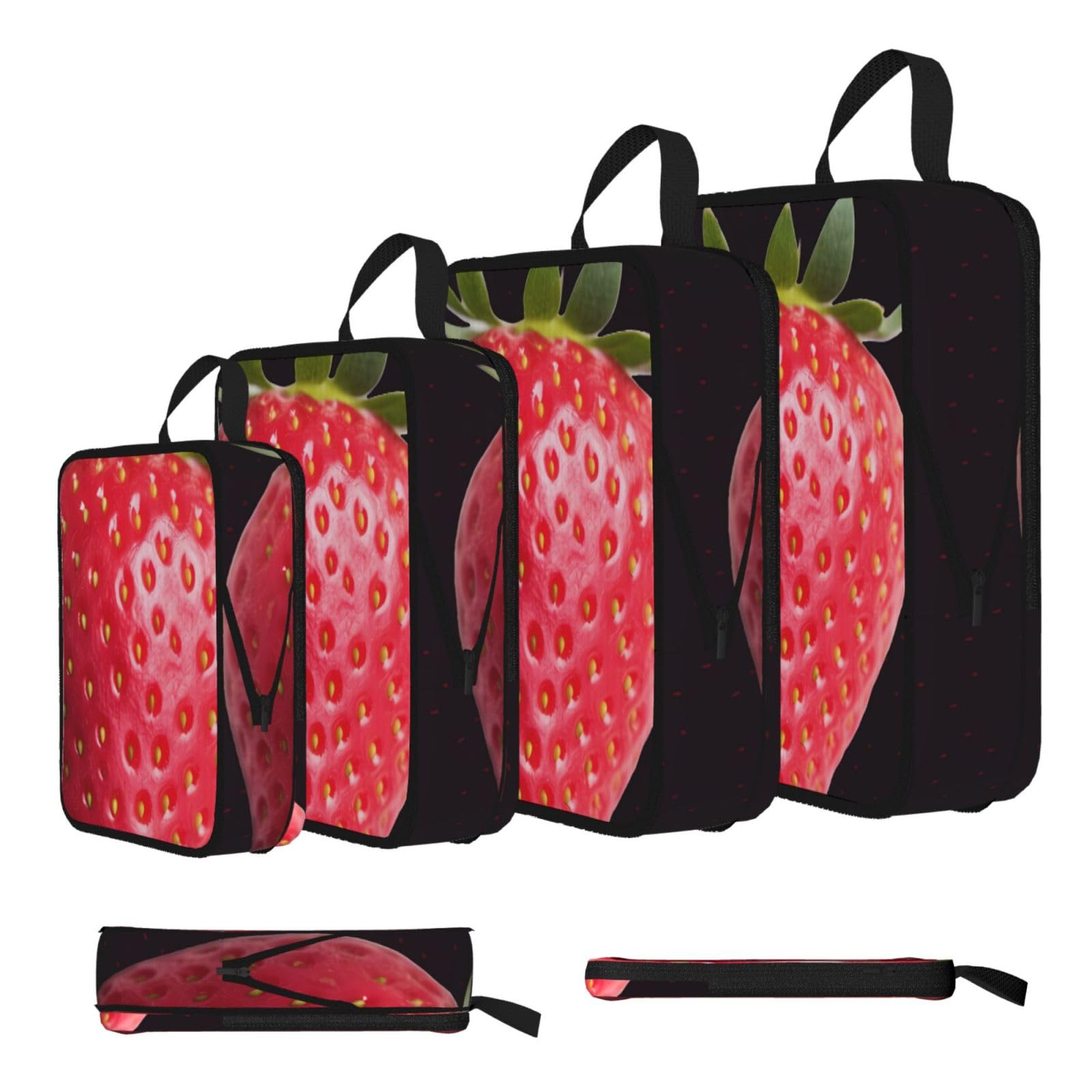 Ezdlowvba Black Strawberry Print Compression Packing Cubes 4-Piece Set With Multi- Compartment Travel Bag, Waterproof Suitcase Organiser Bags