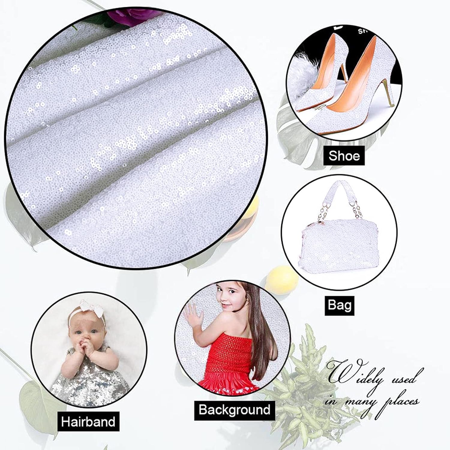 ShinyBeauty 15Ft White Fabric 5 Yards Sequin Material for Sewing Glitter Fabric by The Yard Sparkle Fabrics for Dress,Backdrop Curtains, Baby Shower Party Decoration