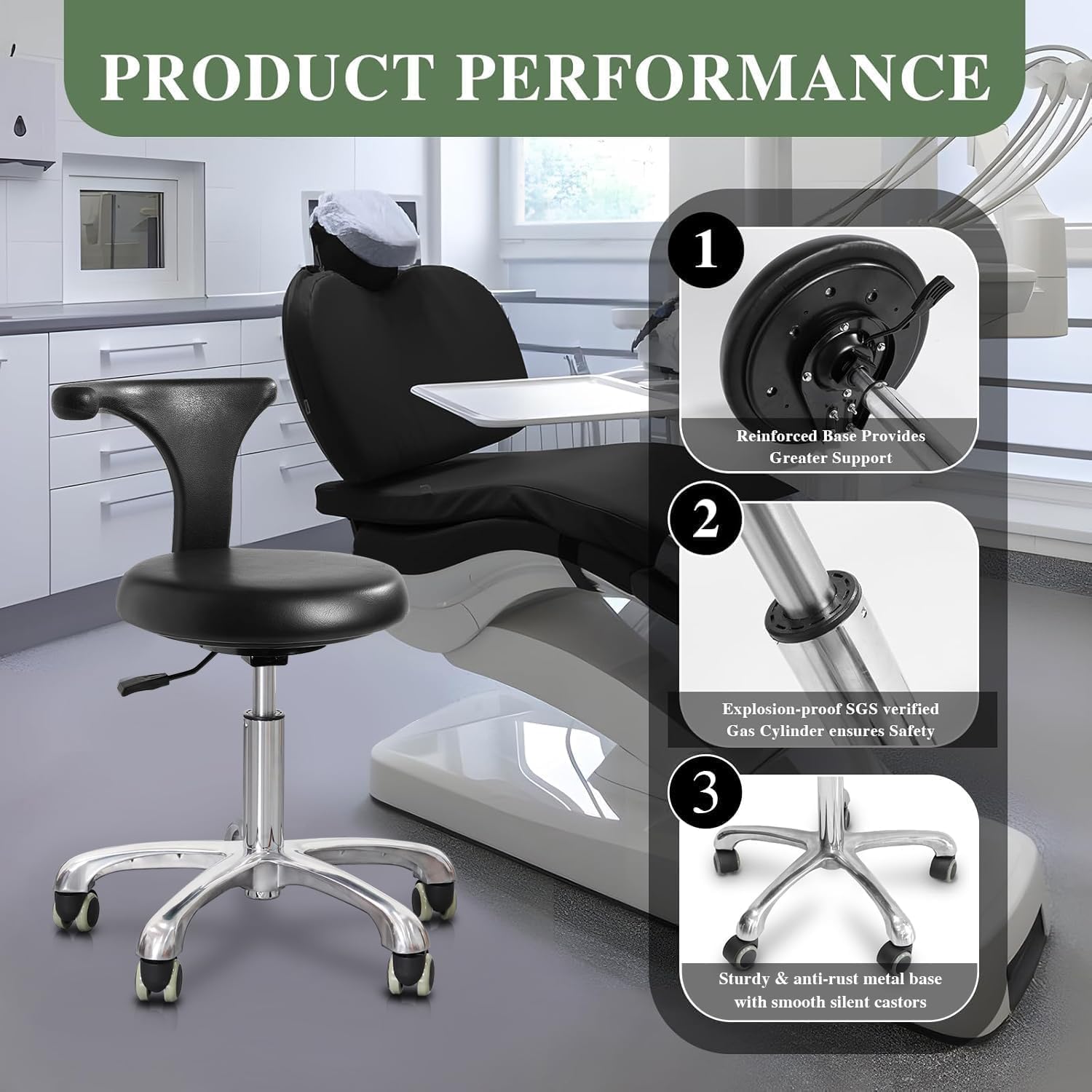 Standard Rolling Stool with Backrest Dental Nurse Chair Height Adjustable Stool Drafting Chair for Office Kitchen Clinic and Lab-Black