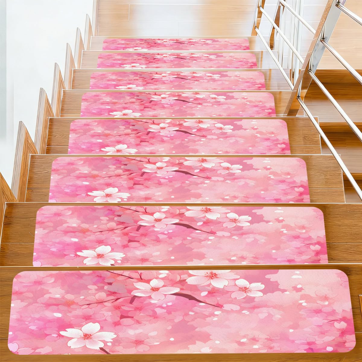 Alfombrillas para peldaños de escalera decorativas rosa con flores sakura