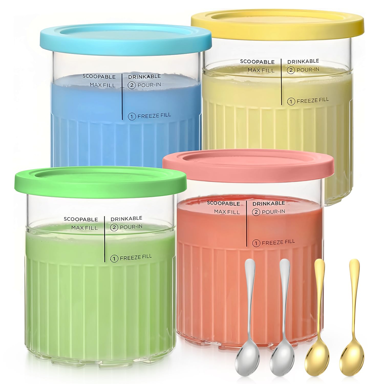 FisFnge Ice Creami Tubs for Ninja CREAMi Deluxe NC501UK NC501 NC500 Series,4 Pack 24 oz Pint Containers with Spoon, BPA-Free, Dishwasher Safe