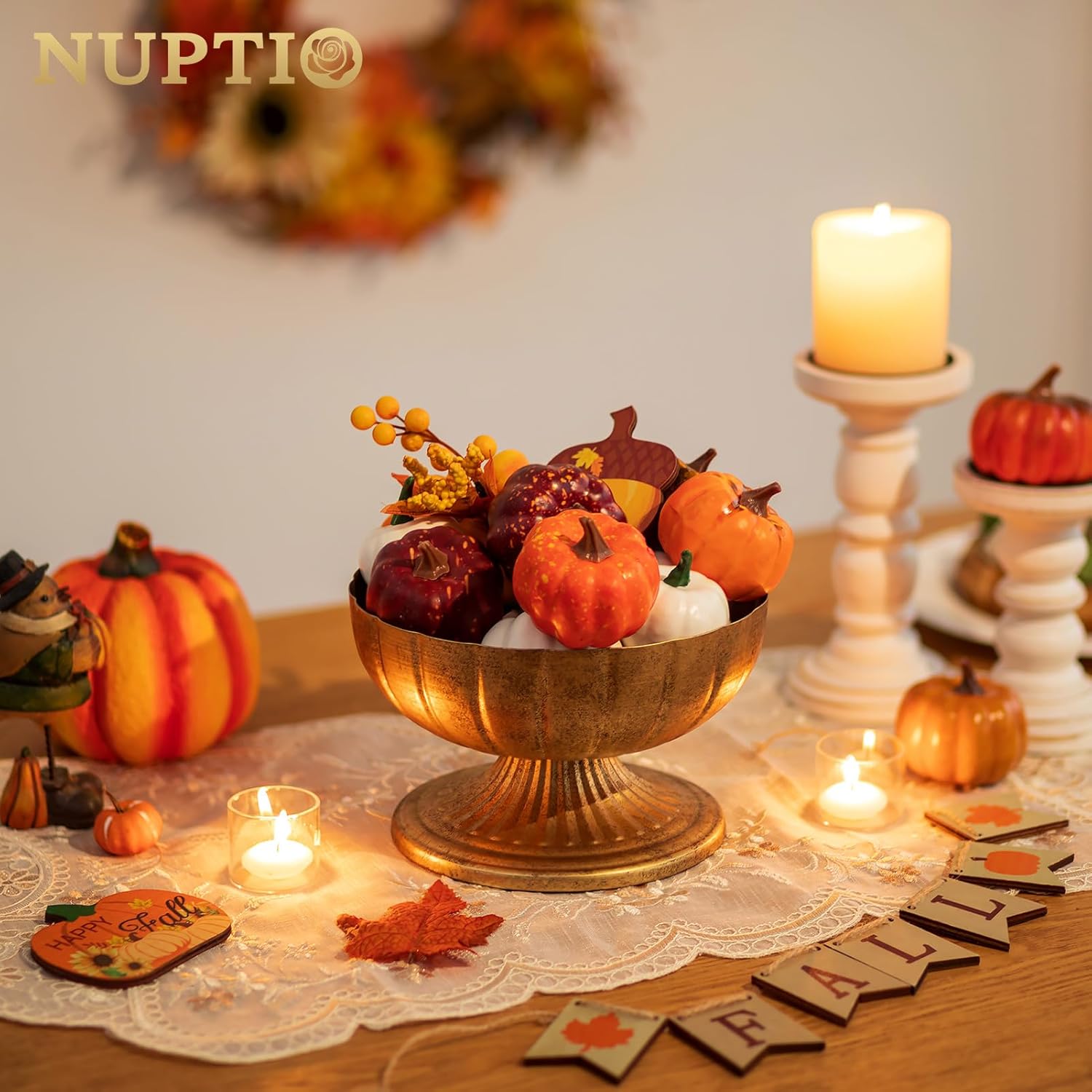 NUPTIO Gold Compote Vase for Centerpiece: 8.5" Wide Short Pedestal Footed Bowl for Flowers - Distressed Brass Urn for Decorative Wedding Table Set of 10