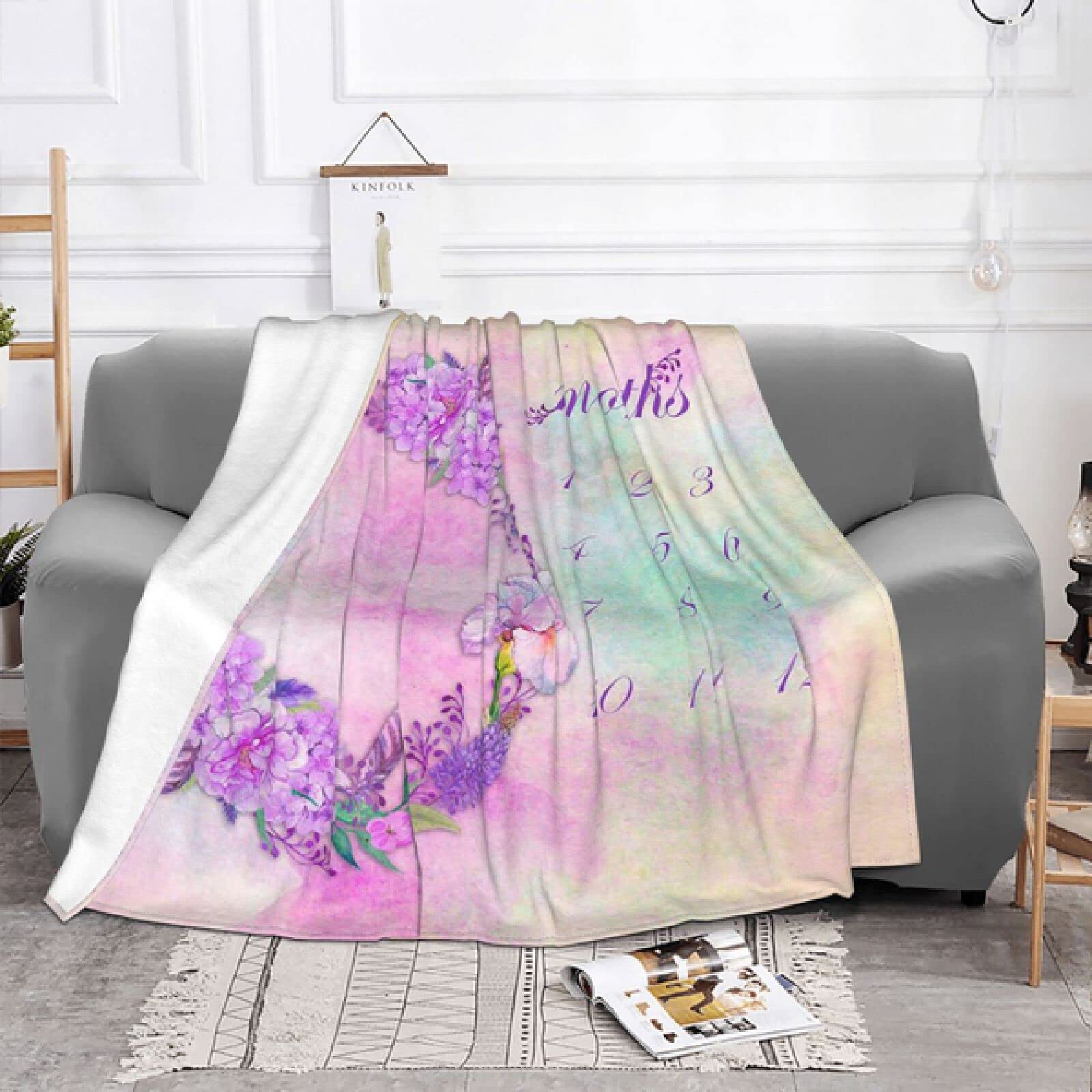Flores púrpuras Manta para bebé recién Nacido Fleece Recién Nacido Registro mensual Crecimiento Manta Suave para Ropa de Cama Sofá Ropa de Cama Throws-150x120CM