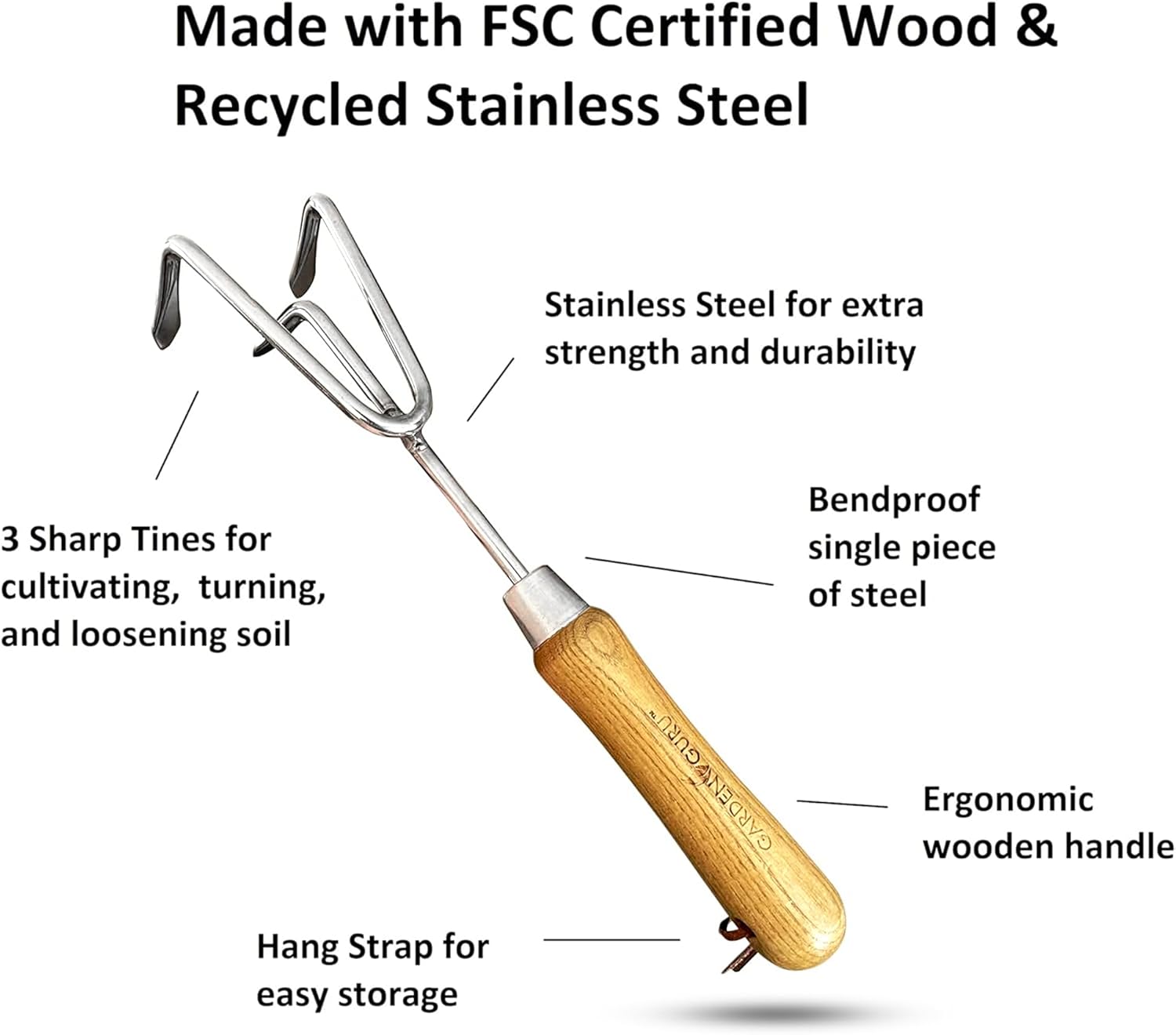 Garden Guru Eco Hand Cultivator Rake Tiller Tool- 100% Recycled Stainless Steel - Rust Resistant - FSC Certified Wood Ergonomic Handle - Great for Gardening Cultivating Loosening Weeding (2 Pack)