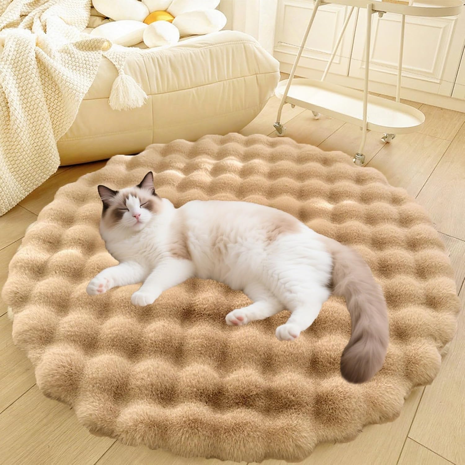 Washable Dog Cat Bed Mat, Soft Fluffy Shaggy Bedside Rug Floor Carpet, Plush Faux Fur Warm Area Puppy Pads Blanket for Indoor Pet Sleep Cushion, Anti Skid Bottom(Brown,15in)