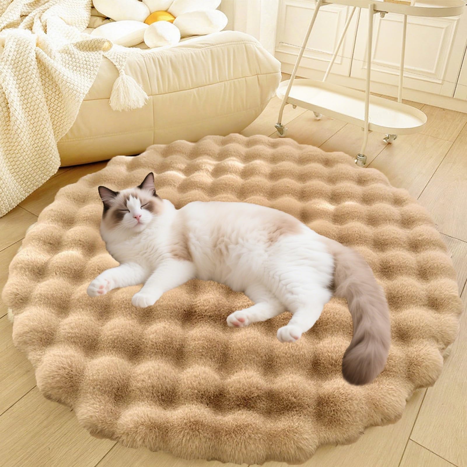 Divano per Cani E Gatti Con Fondo Antiscivolo, Tappeto Rotondo Lavabile, Moderno Letto A Pelo Lungo Da Posizionare Accanto Al Pavimento, Tappetino per Soggiorno(Brown,43in)