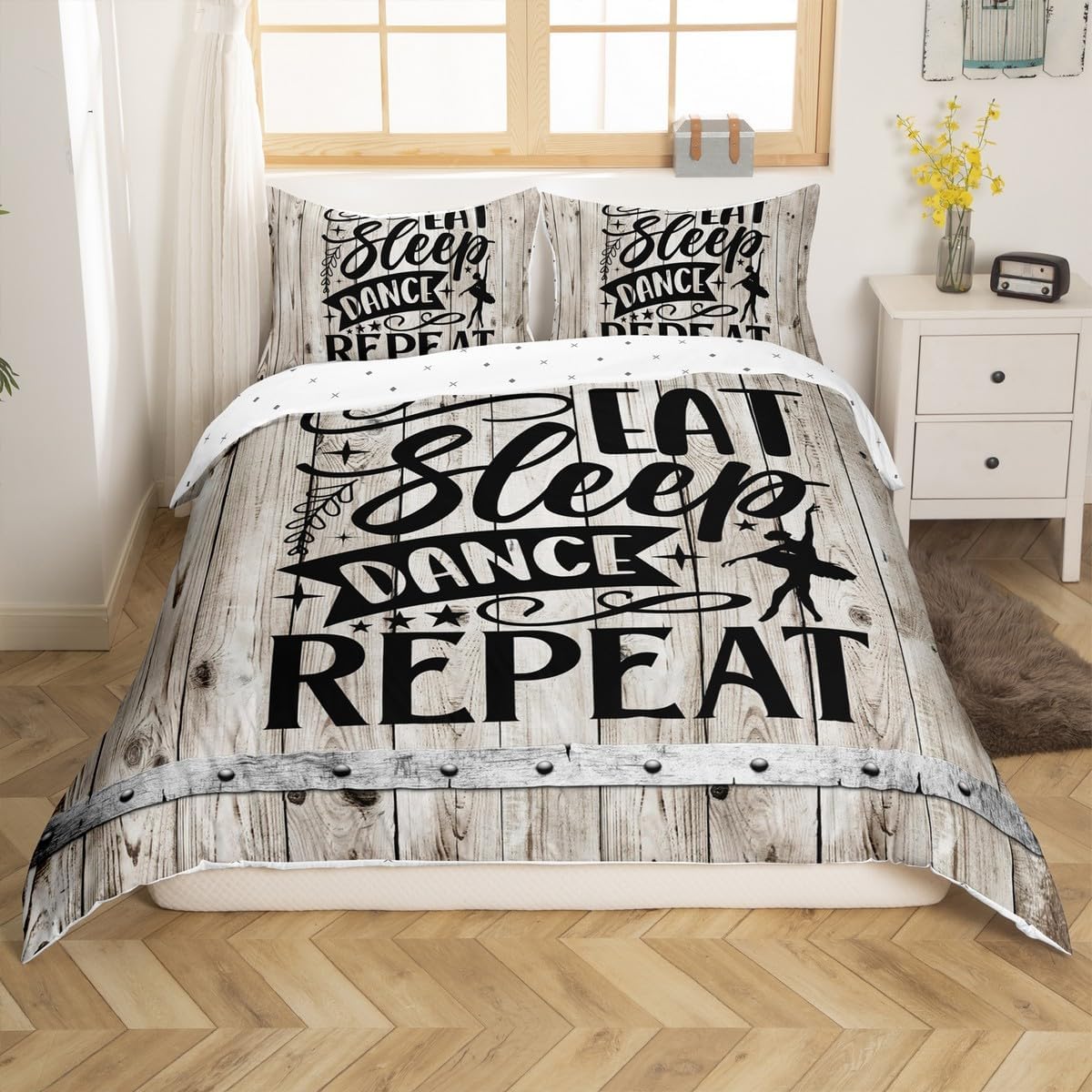 Kids Rustic Barn Door Bedding Set Single Size Eat Sleep Dance Comforter Cover Set for Boys Girls Adults Farm Wood Grain Texture Art Duvet Cover Bedspread Cover Quilt Cover, No Stuffing