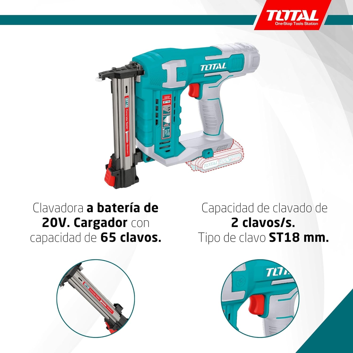 TOTAL TCSTLI3805 nail gun showing magazine capacity and nail type