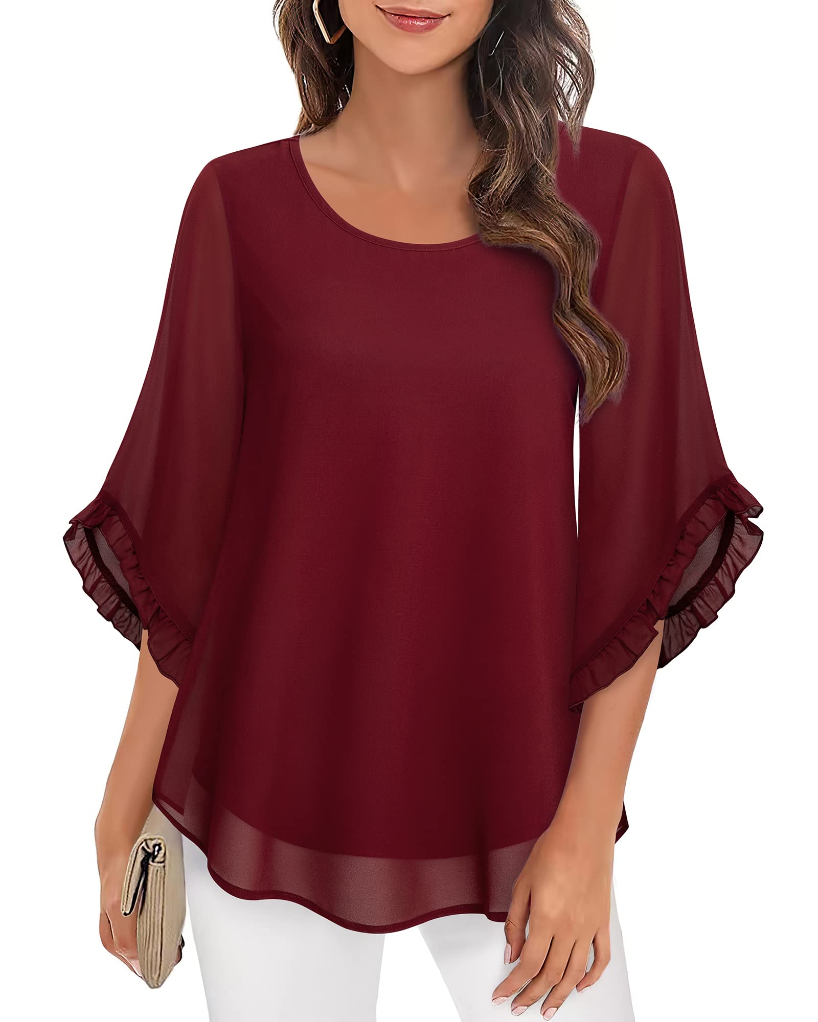 Women's 3/4 Ruffle Sleeve Blouse Tops Double Layers Flowy Shirts Elegant Chiffon Blouses