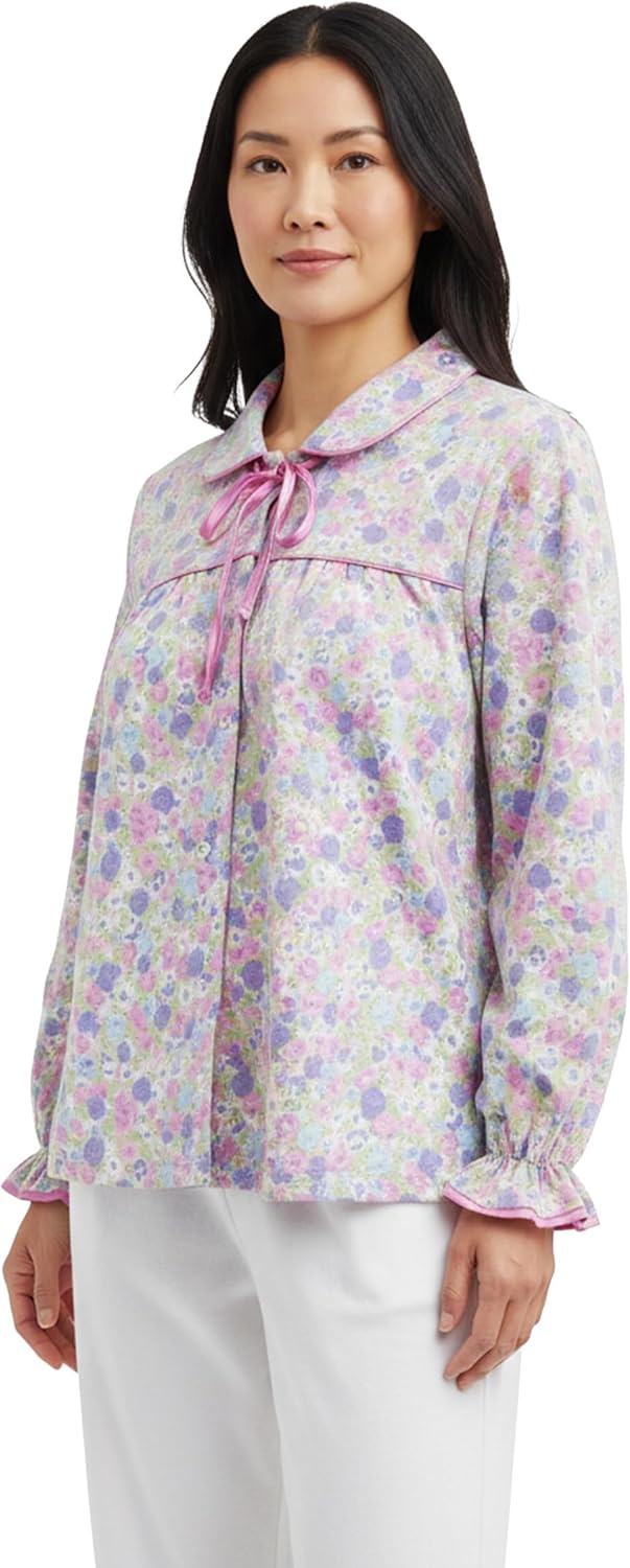 LA CERA Women's Flannel Jacket, 100% Cotton Floral Print, Machine Washable, Imported, Snap Button Front, Elastic Cuff Sleeves