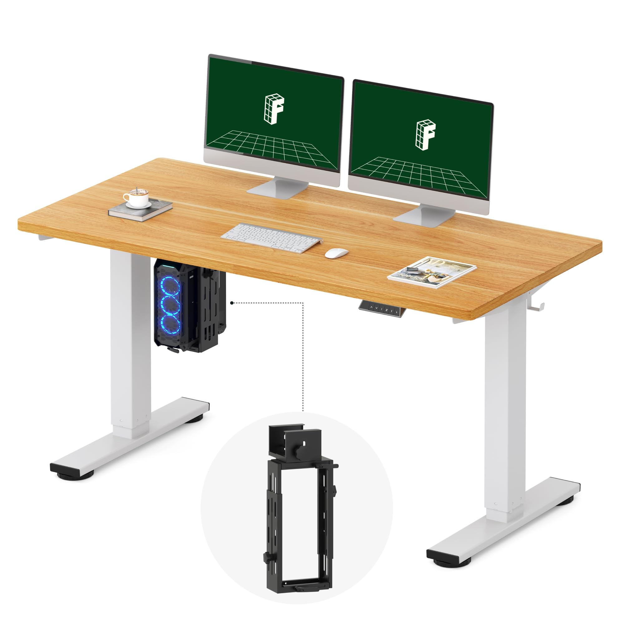 FLEXISPOT EN2 55''x28'' Electric Standing Desk with PC Stand Bundle, 1" Whole-Piece Desktop, Easy-to-Install Hanging Design PC Mount, Bundle for Home