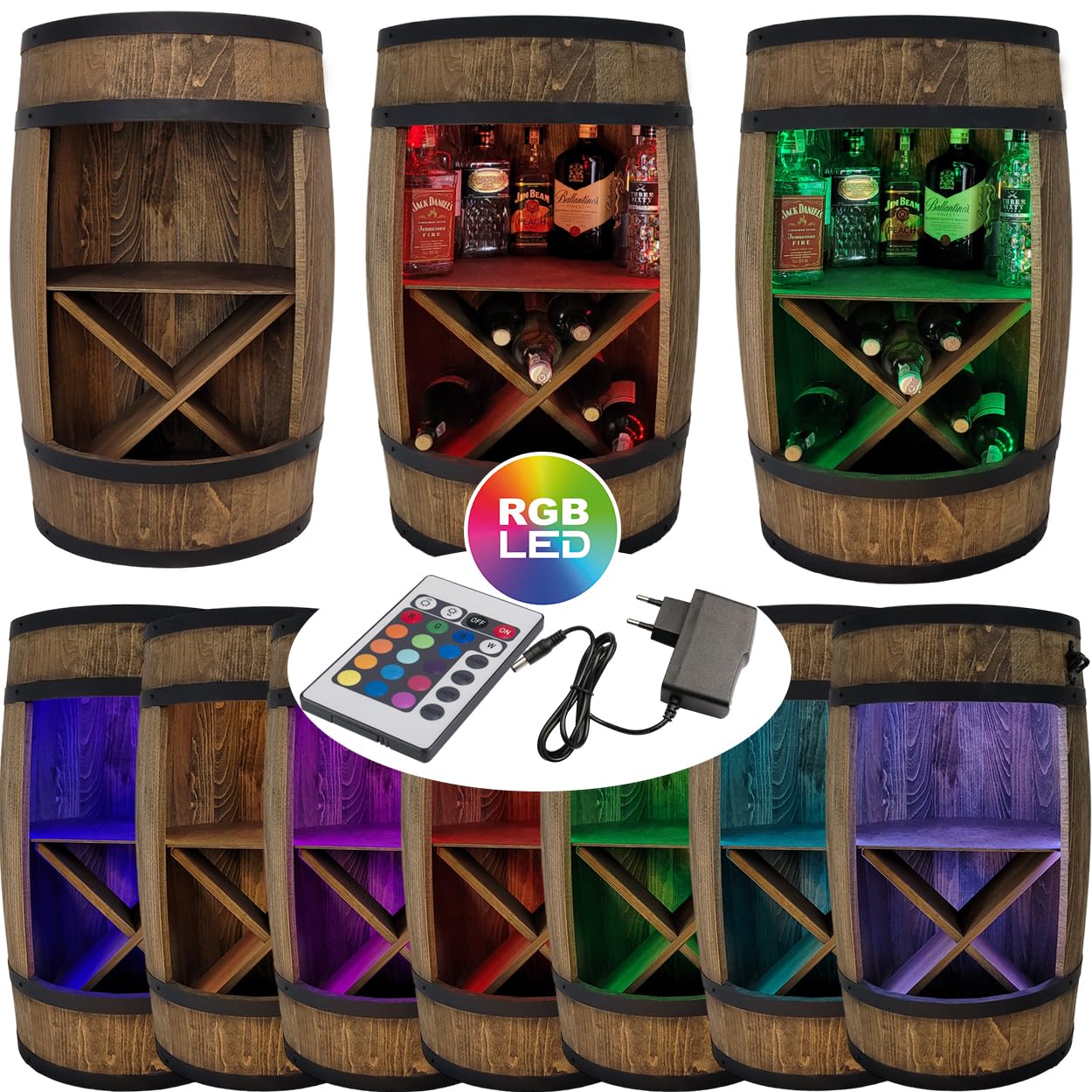 WEECO Mobiletto bar, barile in legno con illuminazione a LED RGB e un portavini. Mobile bar a forma di botte. Armadietto con ripianoper vini whisky birra, botte tavolo, Vino bar Grappa 80x50cm (wengé)