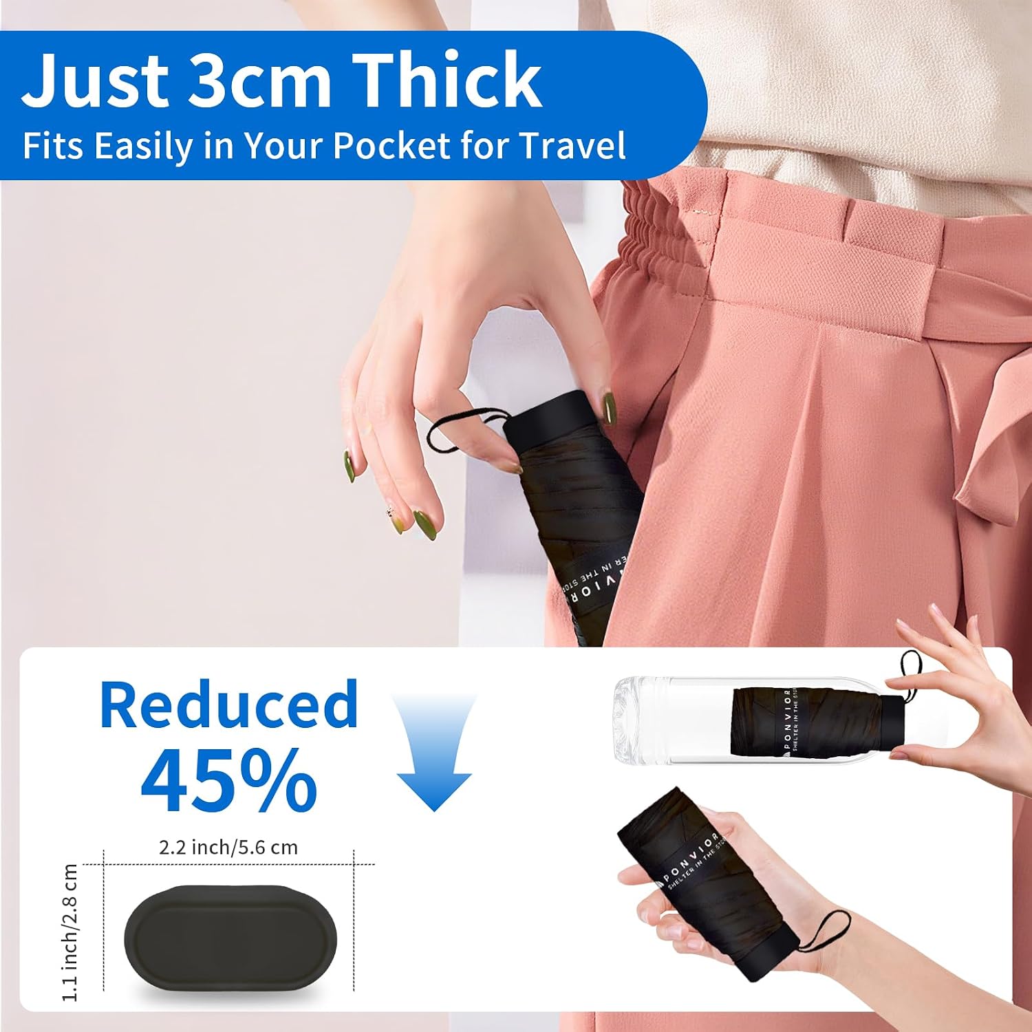 Compact Mini Windproof Travel Umbrella-UPF 50+ Sun & Rain Protection, Small Folding Design Fits in Pocket or Purse, Lightweight Portable with Case for Women, Men & Kids