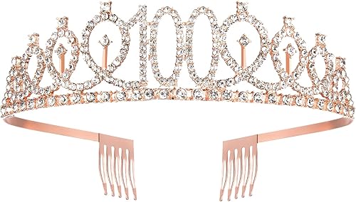 Miniatura 3 de Corona y tiara de cumpleaños de oro rosa para mujer, regalos para fiesta de cumpleaños número 100