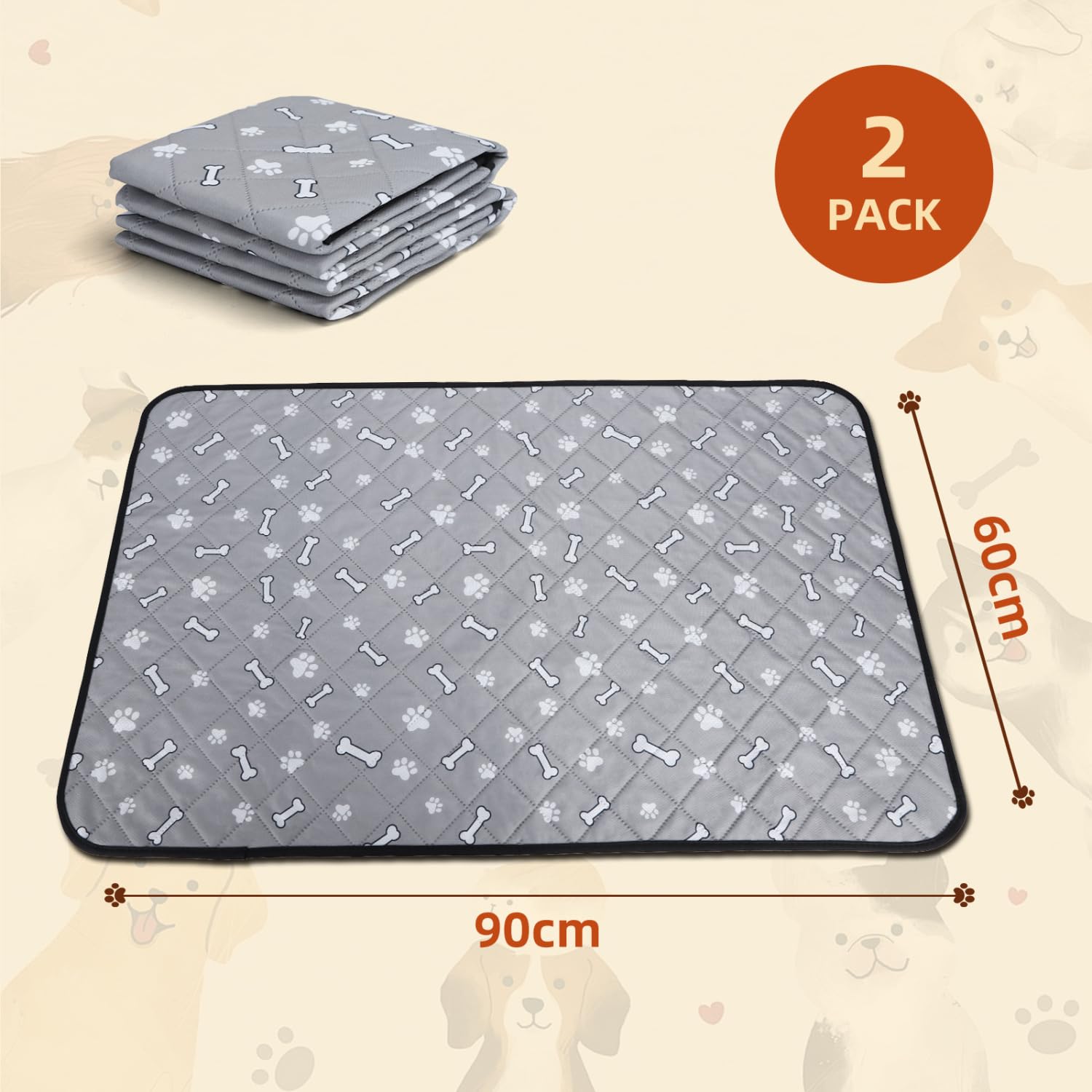 Nobleza 2 Pezzi Tappetini Lavabili per Cani, 90 x 60 cm Tappetini Assorbenti per Cani, Riutilizzabili Tappetini Igienici per Cani, Addestramento Tappetini per Gatti, Cani
