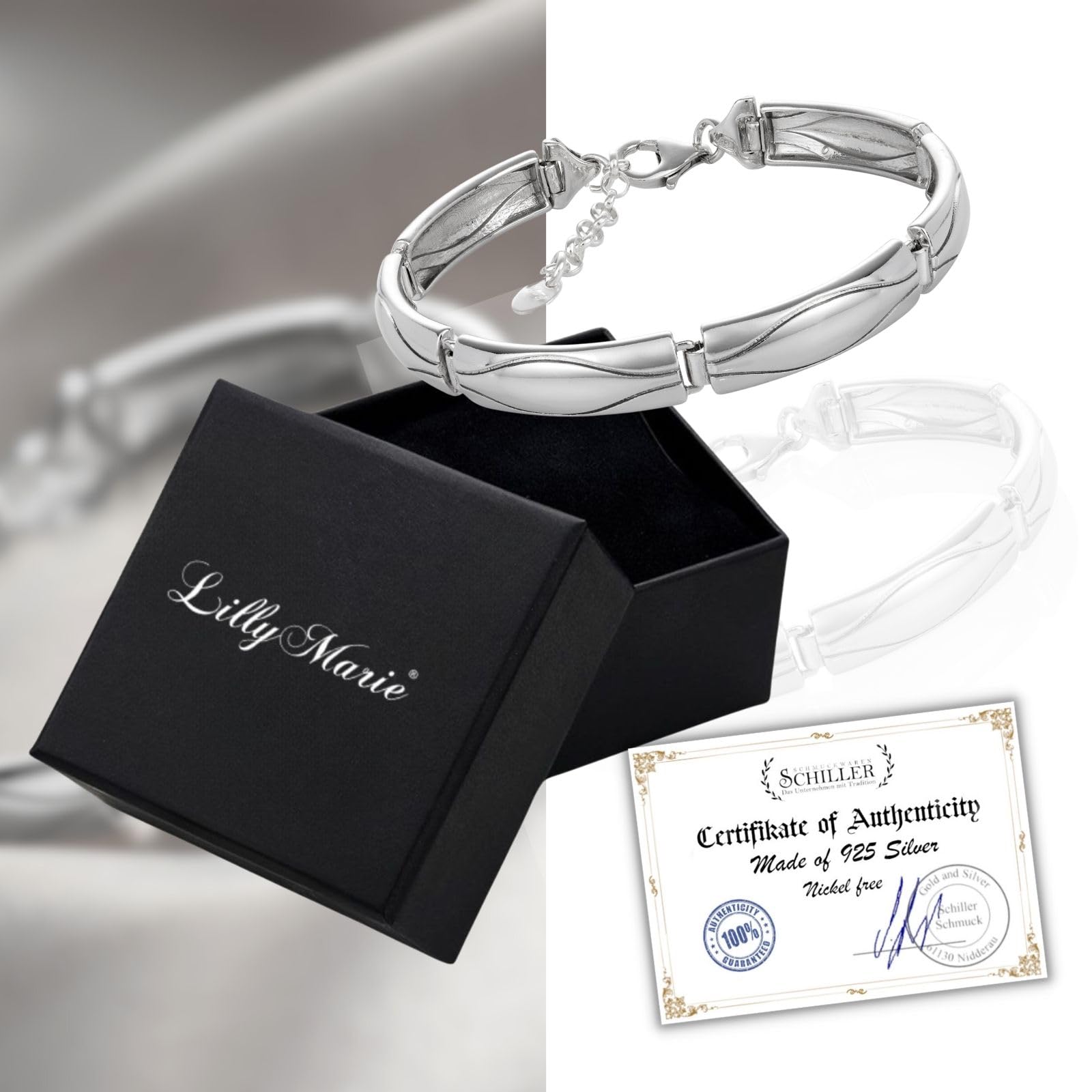 LillyMarie Breites Sterling Silber Armband Mit Wellenmuster Und Karabinerverschluss