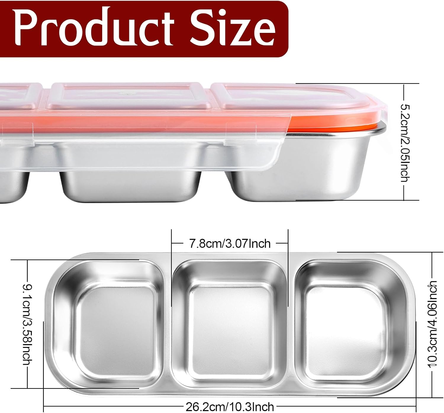 3 Pack Stainless Steel Snack Containers with Lids, 3 Compartment Food Storage Containers, Stackable Metal Divided Snack Box for Salads Picnic, Reusable Bento Lunch Box for Home Work Travel - Image 2