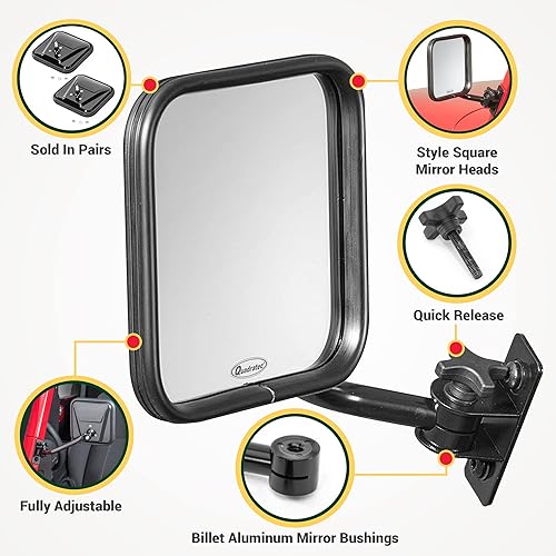 Miniatura 5 de Quadratec Espejos de liberación rápida con cabeza cuadrada, par de 2 – Compatible con Jeep Wrangler TJ y JK de 2 puertas y 4 puertas 1997-2018 – Se