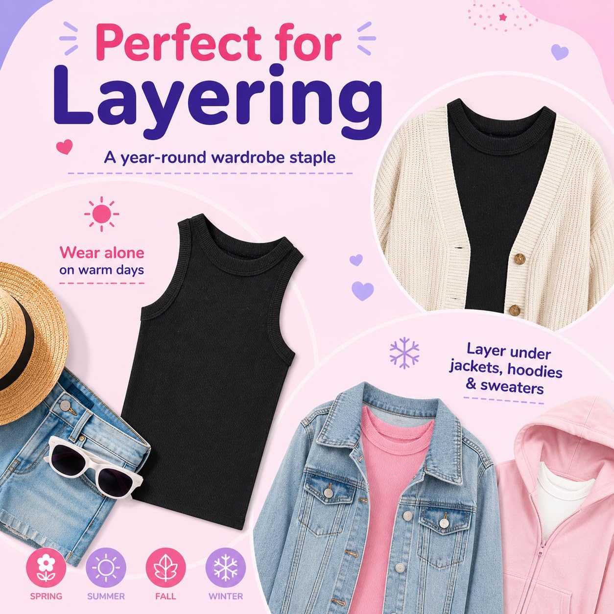 Girls 4 Pack Ribbed Tank Tops Sleeveless Cotton Blend Tees for Everyday Wear, Layering, or Summer Outfits (Sizes 4-14)
