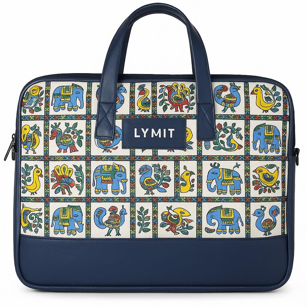 LYMIT Madhubani Art Laptop Bag, 15.6 inch Professional Office Bag with Handle, Navy Blue Designer Sleeve, Traditional Indian Folk Art Pattern, Lightweight Unisex Work Bag