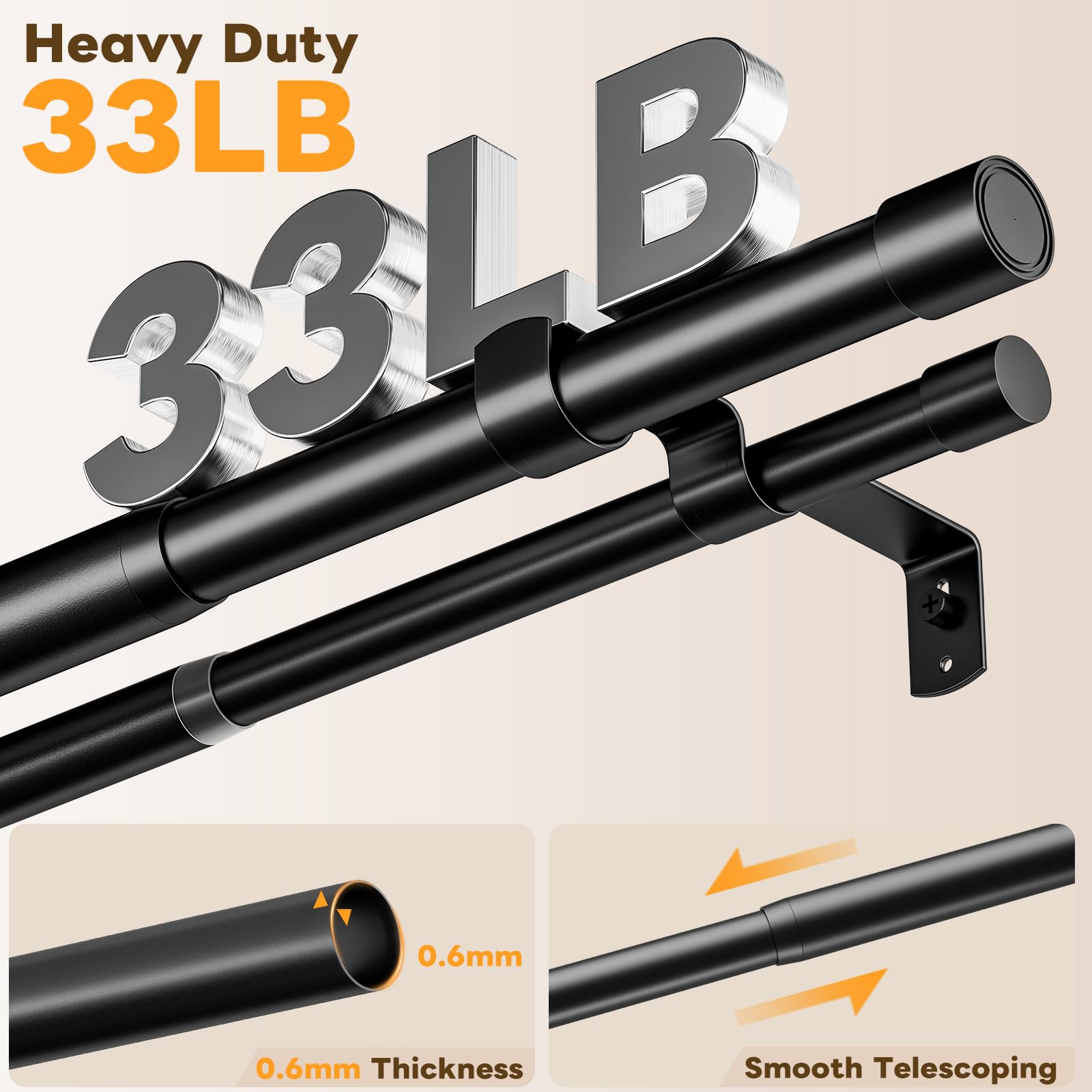 Mavivegue Barra de cortina de 2 vías, 79-180 cm, barra de cortina doble, de acero inoxidable, diámetro de 2,54 cm, barras de cortina ajustables con tapa para salón, cocina, dormitorio, negro