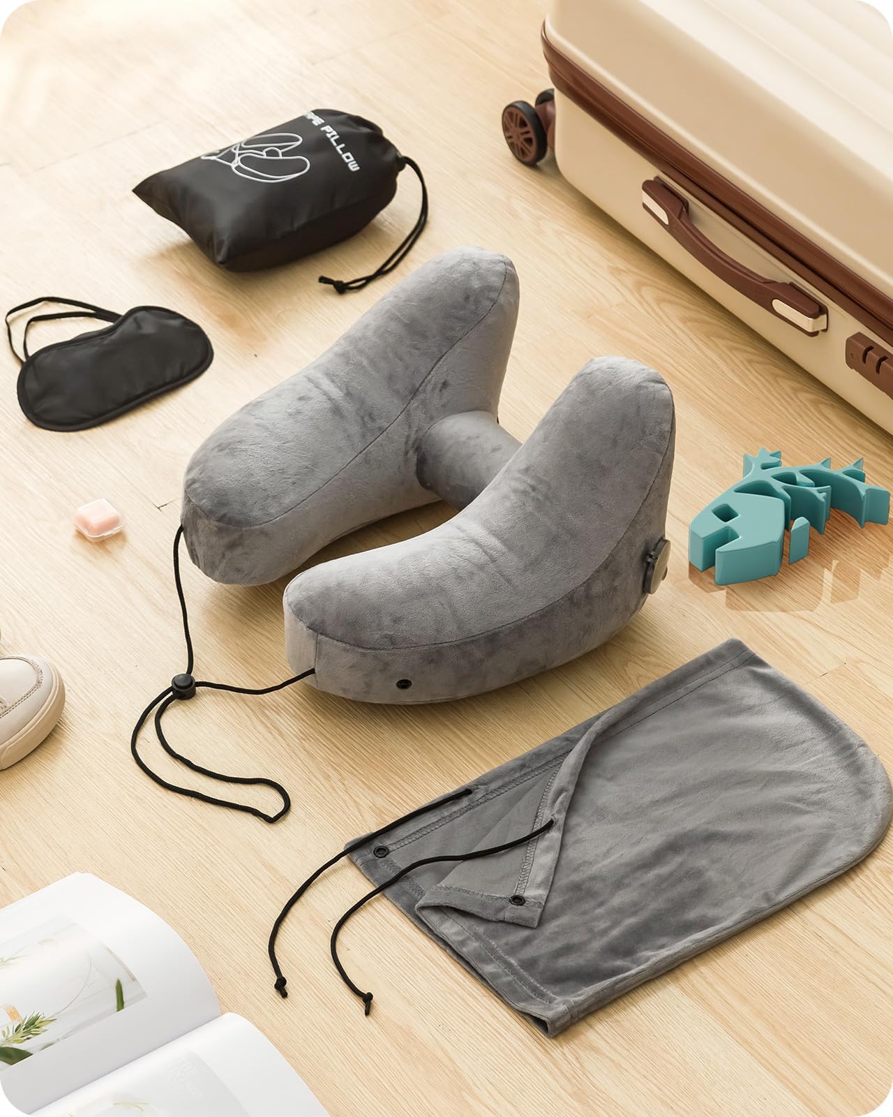 Baffect Inflatable Neck Pillow, H-Shape Neck Pillow with Hood, Ergonomic Travel Pillow for Airplanes (Gray)