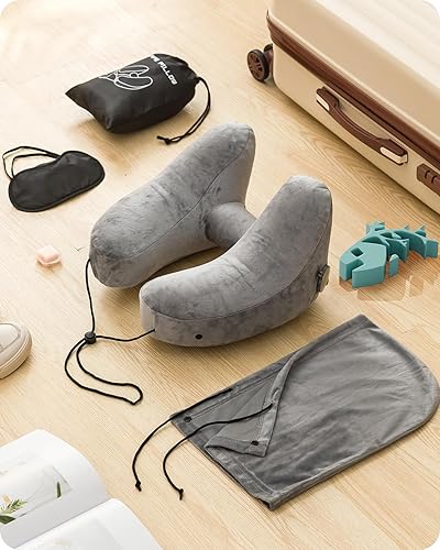 Baffect Almohada inflable para el cuello, almohada de cuello en forma de H con capucha, almohada ergonómica de viaje para aviones (gris)