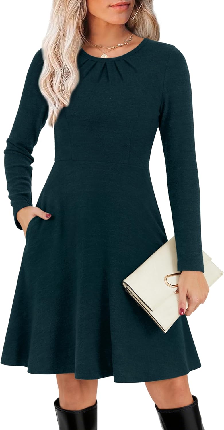 Kranda Women 2026 Spring Midi Dresses Long Sleeve Crewneck Casual Flowy Knit Winter Sweater Dress with Pockets