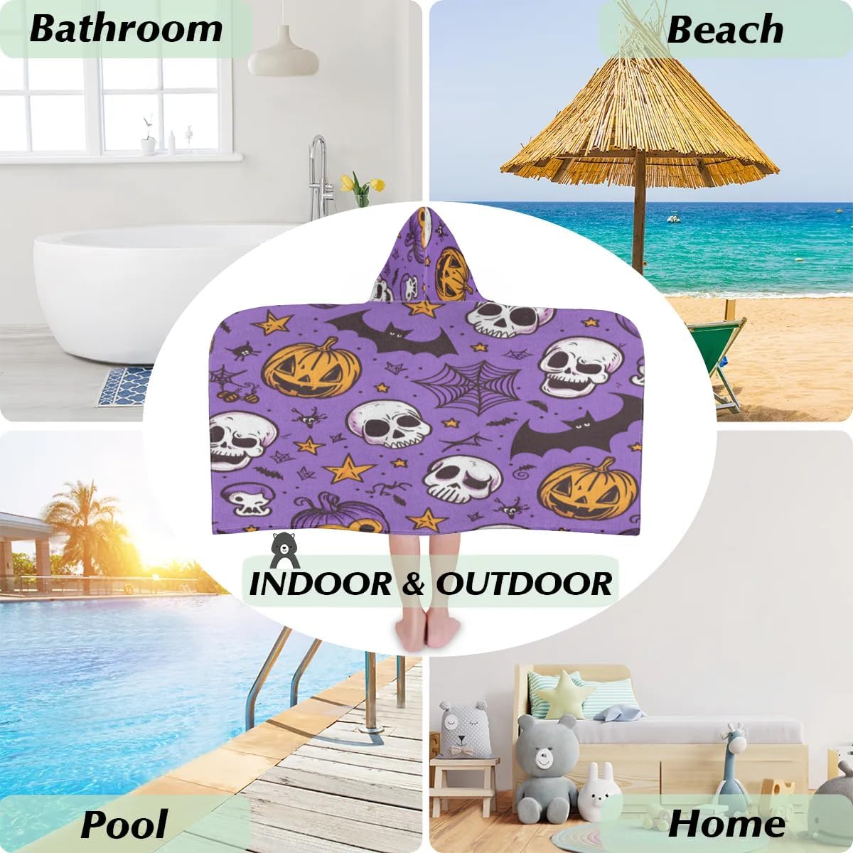 Pardick Pumpkin Skull Bat Web Kids Bath Towel Beach Towel with Hood Pool Cover Up for Girls Boys Soft Absorbent Hooded Bath Towel Toddler Towels for Beach, Pool