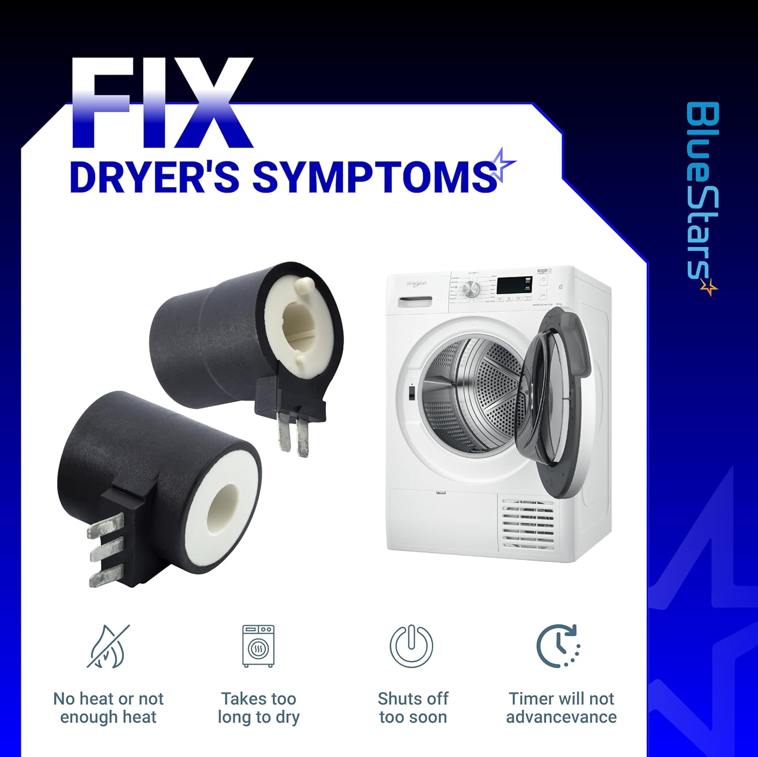 BlueStars 279834 Dryer Gas Valve Ignition Solenoid Coil Kit - Compatible with Whirlpool Kenmore Maytag Dryers - Replaces AP3094251 PS334310 12001349 694540 694539 306105 306106 - PACK OF 4