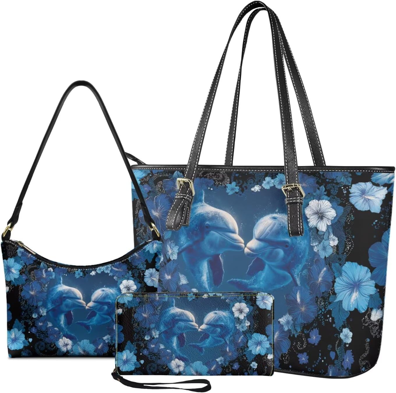 Lotusorchid Tote Top Handle Shoulder Bags Wallet Purse Set, 3 Pcs Satchel Purse Handbags with Matching Wallet Set for Women