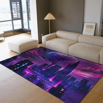 City Scene Area Rugs 2x4 for Living Room Bedroom Kitchen Carpet Futuristic Neon Design Patio Balcony Bedside Modern Art Creative Mat Night View