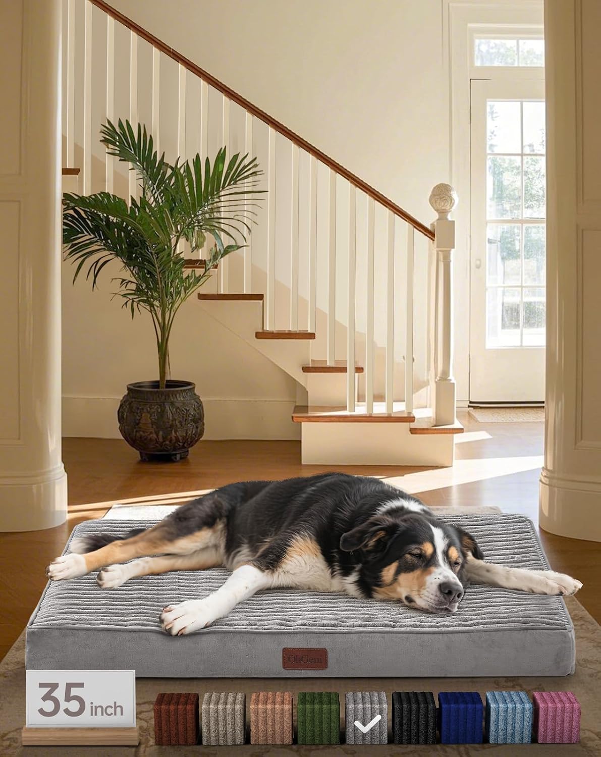 OhGeni Orthopedic Waterproof & Machine Washable Dog Bed for Medium Large Pets, Suitable for Crates, 25D Egg Crate Foam, Non-Slip Bottom & Removable Cover, Gifts for Dad, 35 Inches(Gray)