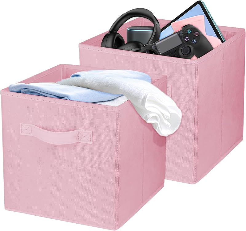 Cubos de almacenamiento de 2 piezas, contenedores de almacenamiento plegables de 10,5 pulgadas, contenedores plegables de tela | [Rosa] [Para organización, contenedores de almacenamiento duraderos para armarios, estantes, oficinas]