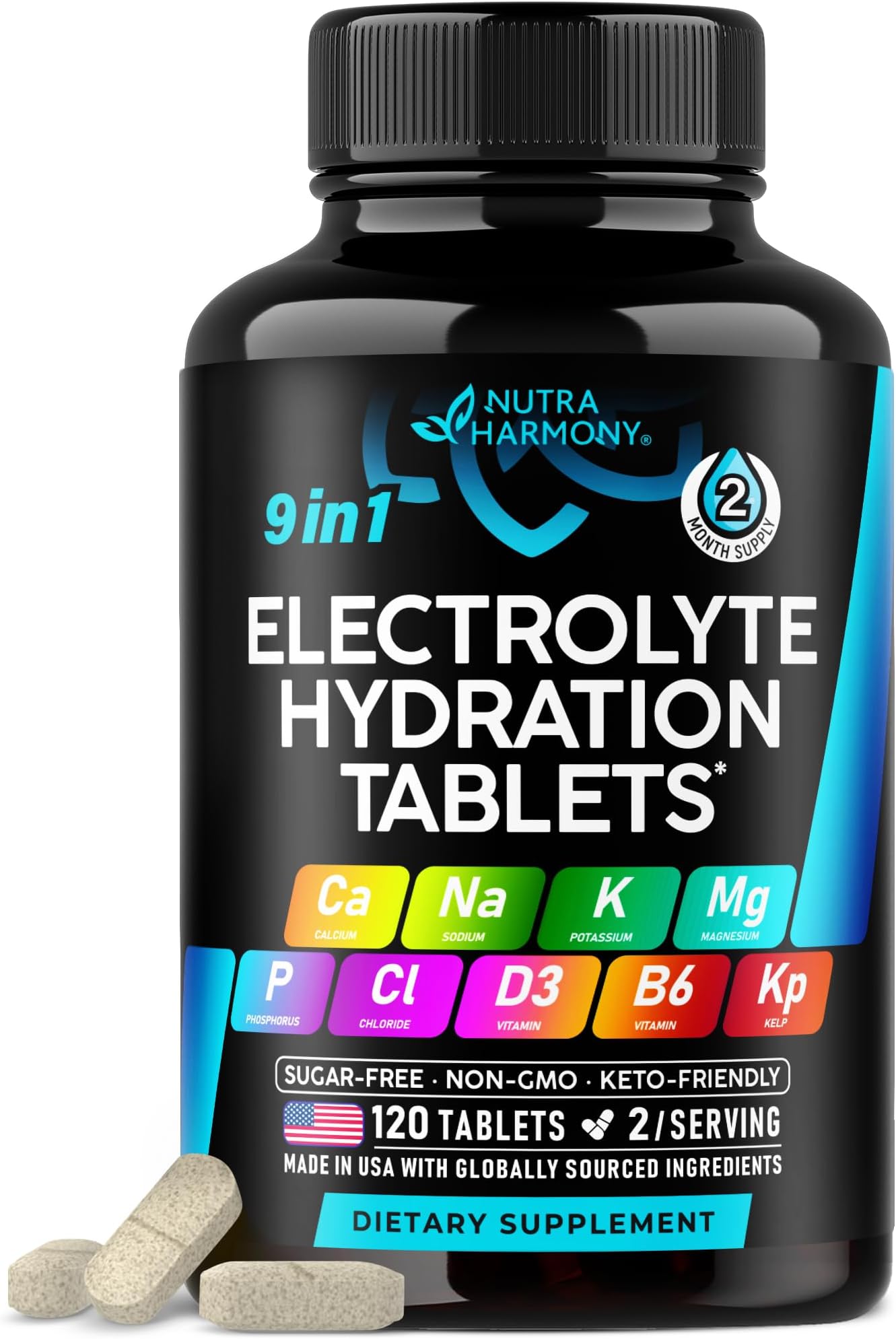 Electrolytes - Electrolyte Tablets with Magnesium, Sodium, Potassium, Chloride, Vitamins D3 & B6, Kelp Powder - Salt Pills - Made in USA - Oral Tablets as Capsules - Vegan & Keto Friendly - 120 Tabs