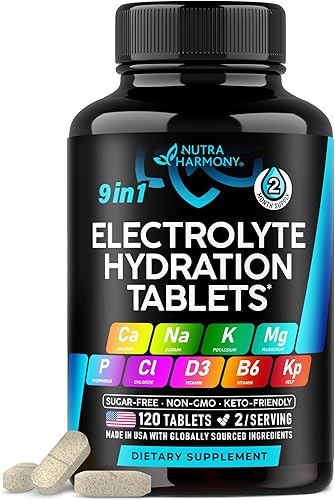 Electrolitos - Tabletas de electrolitos con magnesio, sodio, potasio, cloruro, vitaminas D3 y B6, polvo de alga Kelp - Pastillas de sal - Fabricadas