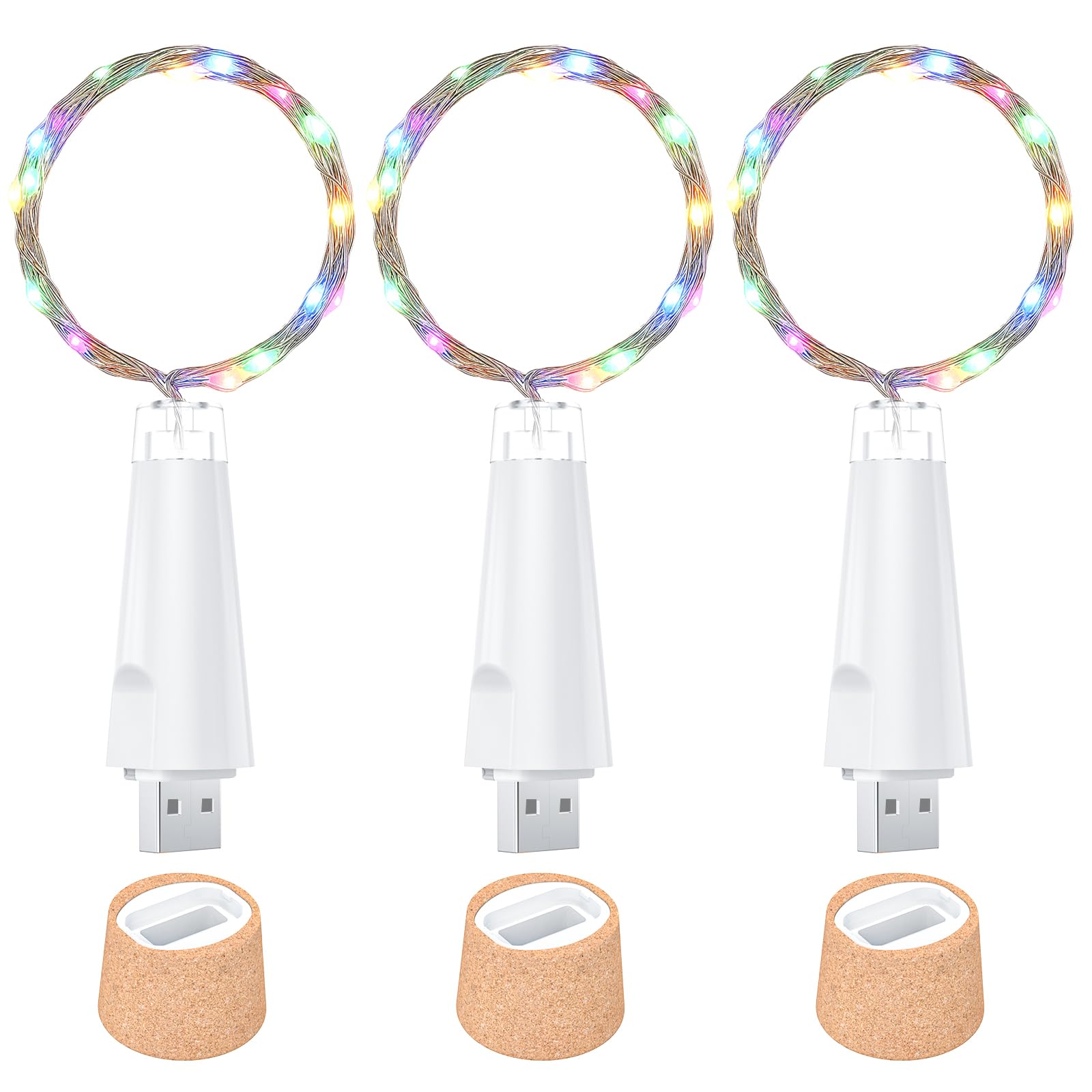 Ceepko USB Bottle Lights Rechargeable Wine Bottle Fairy Lights Cork LED String Lights 20 LEDs Copper Wire for Table Party DIY Decor(Multi-Colour, 3 Pack)
