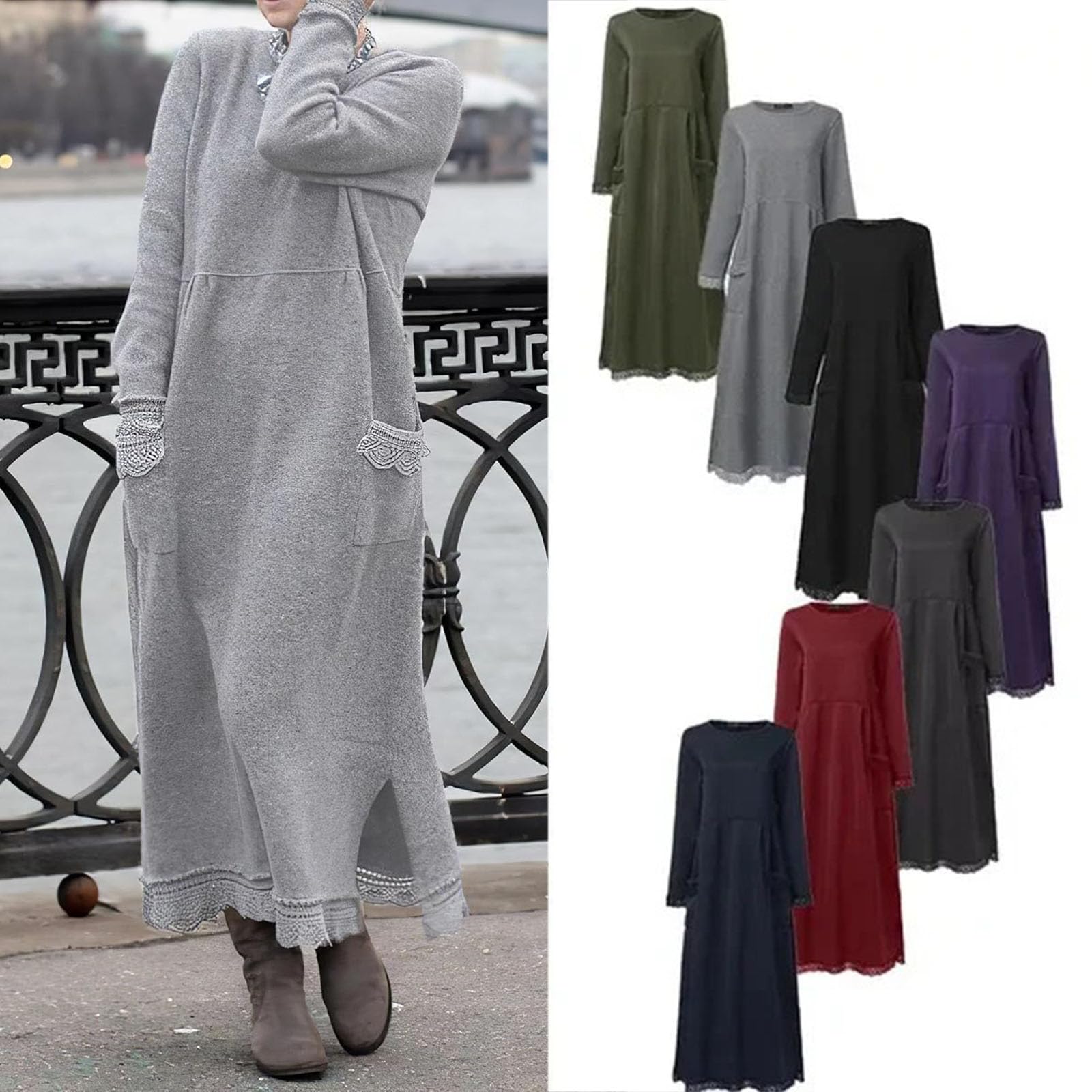 Vestido Largo Holgado de Encaje de Talla Grande, Vestido Largo de Cuello Redondo de Encaje Liso para Mujer, Vestidos Casuales Holgados de otoño