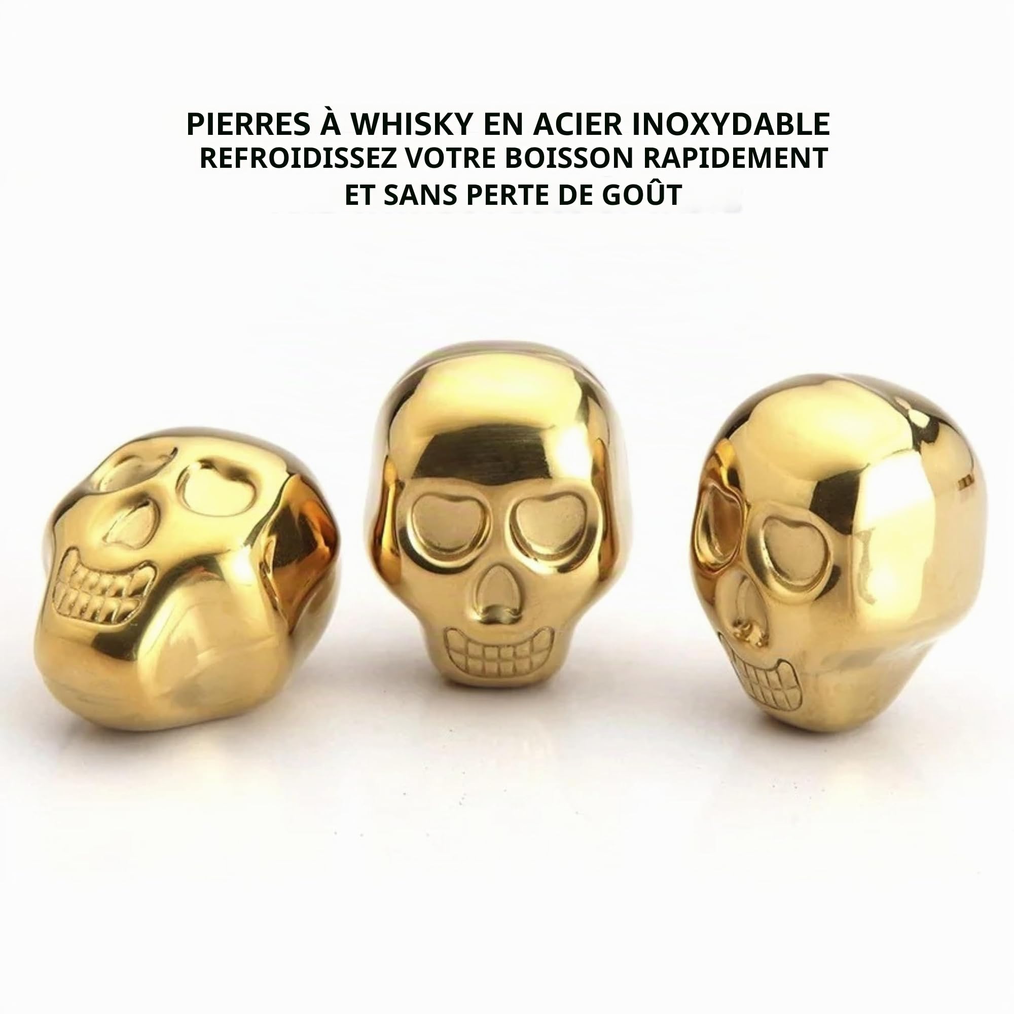Set de Carafe à Whisky - Carafe crâne - Skull Decanter - Set Whisky Luxueux -0,9l - 2 Pierres à Whisky en Acier Inoxydable Couleur Or - 2 Verres à Whisky Uniques - 2 sous-Verres Uniques