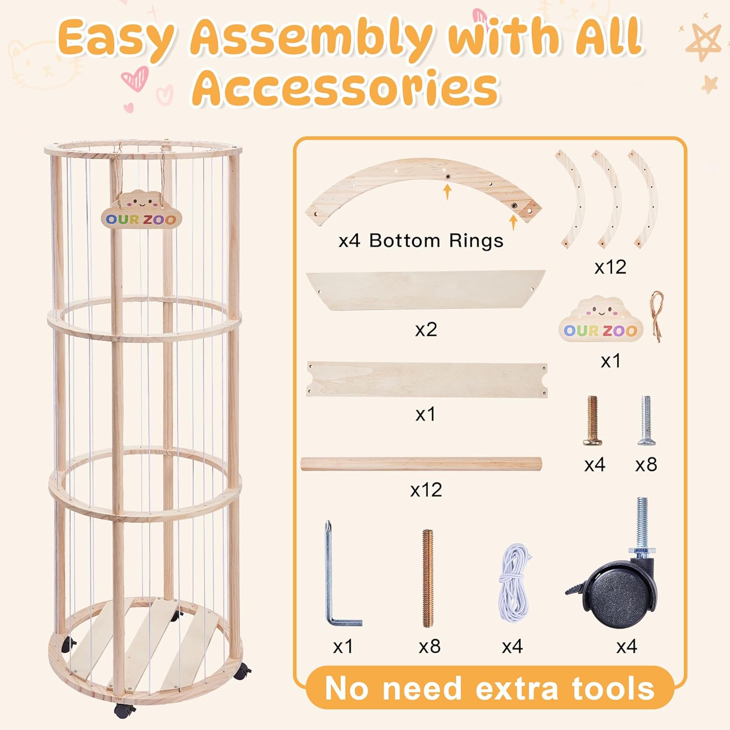 Stuffed Animal Storage with Wheels, Wooden Toy Organizer with Extra Large Capacity, Space Saving Plush Holder, Cute Stuffed Animals Zoo for Toddler Rooms, Playrooms, Bedrooms & Living Rooms - Image 4